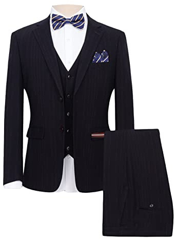 Men's 3 Piece Pinstripe Suit Slim Fit Stripe Blazer Vest Pants Set Elegant Checked Business Wedding Dress Suits (Black 2,7X-Large)