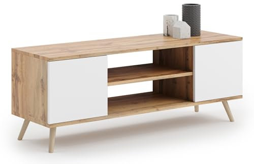 KOBI Mobile TV Focus 135 | Stile scandinavo su gambe in legno | Mobile TV per soggiorno e sala da pranzo (rovere dorato - bianco)
