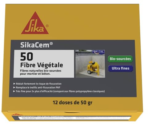 SIKA - Fibres naturelles bio-sourcées - SikaCem-50 Fibre Végétale blanc - Pour bétons, chapes et mortiers - Anti-fissuration - Boîte de 12 doses