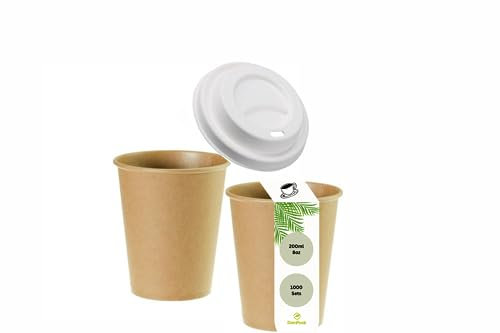 DeinPack Lot de 2 000 tasses à café écologiques - 1000 tasses à café de 200 ml - Gobelets en carton marron de 200 ml + 1000 couvercles en canne à sucre I Coffee to go - Gobelets jetables