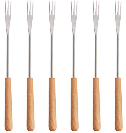 OSKOE Vegan Cheese Cheese Fondue Forks 6pcs Stainless Steel Fondue Forks Wood Handle for Chocolate Fountain Cheese Fondue Barbecue Fork Kitchen Tool Fondue Skewers Fondue Pot Set