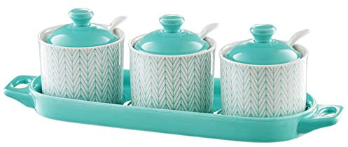 Barattolo in ceramica per zucchero, saliera per zucchero, zuccheriera blu con coperchio, barattolo per zucchero, contenitore per spezie, contenitore per zucchero, saliera per condimenti, set di 3