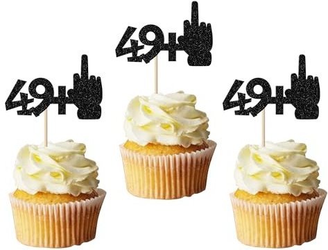 SYKYCTCY 24 Pack 49+1 Cupcake Toppers Glitter 50th Birthday Cupcake Picks Cheers to 50 Middle Finger Happy 50th Birthday Cupcake Decorations Anniversary Party Supplies Black