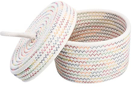 VINTORKY 1stk Einkaufskorb Rattan-blumenkorb Aufbewahrungskorb Mit Deckel Geflochtener Wäschekorb Mit Deckel Spielzeug Klein Weiß Haushalt Baumwollseil Finishing-korb