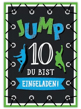 Minkocards 12 Einladungskarten zum 10. Kindergeburtstag Junge Mädchen Jump Trampolin Einladungen zehnte Geburtstag