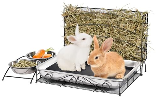 3 in 1 Kaninchen Heu-Futterstation mit Katzentoilette, Metall Bunny Hay Feeder mit Toilette und Schalen, Kleintier Heuraufe Halter für Meerschweinchen Hamster Kaninchen Hase