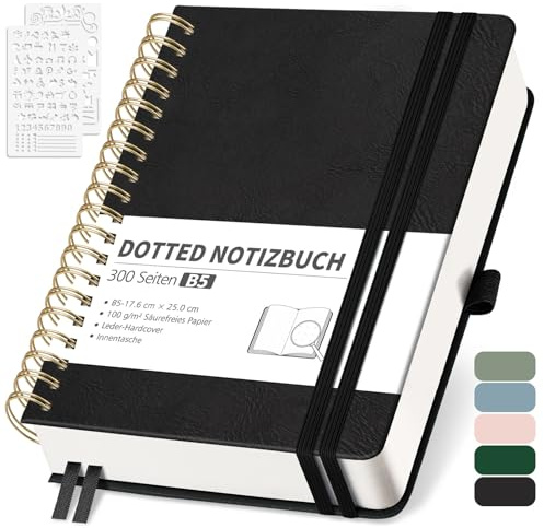 RETTACY Notizbuch B5 Dotted, Bullet Dot Journal mit 100 g/m² Dickem Papier, 150 Blatt, Notebook für Büro und Schule, Lederhülle, Schwarz, 17.6 cm x 25 cm