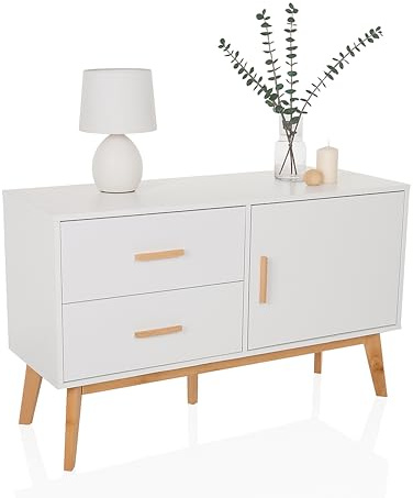 hjh LIVING Sideboard mit 2 Schubladen und 1 Tür TAROLO Kommode 120x40x72 cm Schrank im skandinavischen Stil Weiß, Fußgestell in Eiche