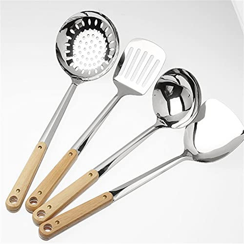 SaryEdge Espátula para Wok con Mango de Madera Espátula de Acero Inoxidable Utensilios de Cocina Cuchara de Mango Largo Pala Grande para filetes fritos(