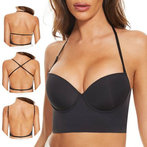 Low Back Bras for Women-Seamless Lightly Lined Invisible Backless Bra-Underwire Plunge Open Back Multiway Halter Bra (Black, 36C)