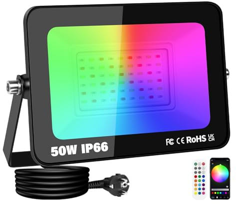RIGIDON RGB LED Strahler Fluter Außen, 50W 5000LM Smart RGBW Flutlicht | IP66 Farbwechsel Flutlichtstrahler mit APP & IR steuerung, Dimmbar Timer für Party Garten Baum Landschaft Disco Feiern Fest