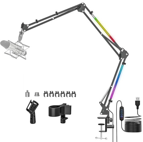 Mikrofonarm mit RBG-Licht, verstellbarer 3-teiliger RBG-Mikrofonarm, Schreibtischhalterung mit 1/4 Zoll, 3/8 Zoll, 5/8 Zoll Schraube, 111,8 cm faltbarer Mikrofonständer mit C-Klemme für Gaming