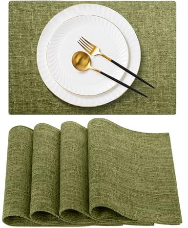 PinnWaa Lavabili Tovagliette in Lino, Impermeabile Non-scivolose Resistenti al Calore Antimacchia, 45cmx30cm Tessuto Set Tovagliette Americana per Tavolo da Cucina, Feste Decorazione (4 Unità, Verde)