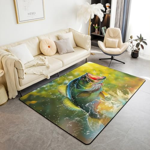 Loussiesd Alfombra de área de lucio, 100 x 150 cm, para niños, lubina, lago grande, para sala de estar, dormitorio, para niños, niñas, adolescentes, pesca y caza, alfombra decorativa antideslizante