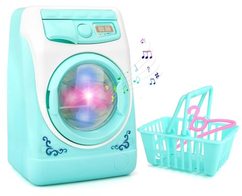 DIELIANHUA Waschmaschine Kinder Elektronisches kleines Waschmaschinen-Spielzeug mit realistischen Geräuschen Kinder Vorgeben Spielzeug Puppenhaus Zubehör mit Wäschekorb und Kleiderbügel (Grün)