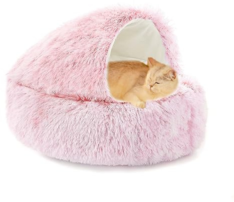 Katzenhöhle für den Innenbereich, Anti-Angst, flauschiges Donut-Katzenbett, mit Kapuze, Haustierbett, Plüsch, rund, maschinenwaschbar, Kätzchenhöhle mit rutschfester Unterseite (60 x 60 x 20 cm, Rosa)
