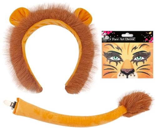 XINDY Löwenkostüm Damen, Tierkostüm, Löwenohren Haarreif, Löwenschwanz, Fliege, Gesichtstattoo für Halloween Karneval Mottoparty Faschingskostüm Löwe kostüm Accessoire