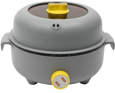 Elektrischer Hot Pot & Dampfgarer, 1,5 L Mini Antihaft-Bratpfanne Tragbare Multikocher Überhitzungsschutz mit Deckel, Kochtopf Elektropfanne für Wohnheim Camping Haus (Graugelb)
