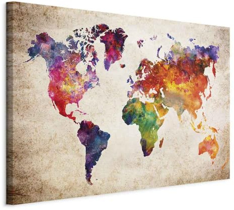 Cuadros B&D XXL- Wandbilder XXL 120x80 cm 1 tlg - Wand Deko Vlies Leinwand Bilder Groß Wanddeko Wohnzimmer Schlafzimmer Kunstdrucke - Weltkarte Kontinente Welt Karte k-B-0027-b-a