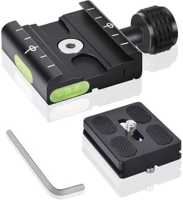 UTEBIT Plaque d'attache Rapide Universal, 50mm Plateau Rapide QR Plate en Alliage d'Aluminium Niveau à Bulle Intégré avec 1/4 et 3/8 Vis Compatible pour Arca-Swiss QR Trépied Monopode Rotule Caméra