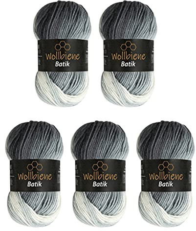 5 x 100g Wollbiene Batik 500 Gramm Wolle mit Farbverlauf mehrfarbig Multicolor Strickwolle Häkelwolle (5000 schwarz grau weiß)