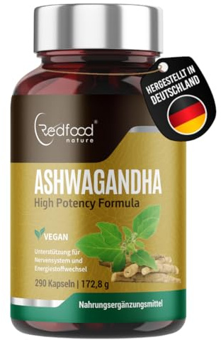 Redfood® Ashwagandha Kapseln 290 Kapseln - Hochdosiert mit 1500mg je Tagesdosis - hochwertige indische Schlafbeere in bester Qualität I Laborgeprüft - Ohne Zusätze in Deutschland produziert