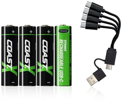 Coast AA USB-C Rechargeable Batteries, ZITHION-X, Lithium Ion 1.5v 2400 mAh, Long Lasting, Charges Under 2.5 Hours, Charging Cable Included, 4-Battery Pack