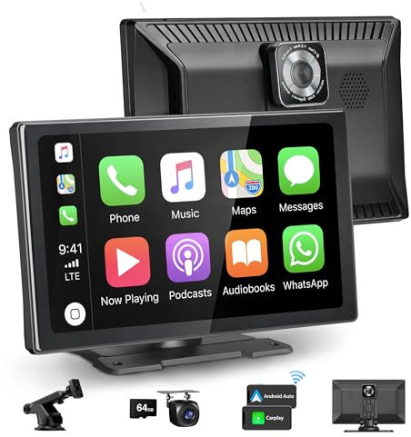 CARabc 9 Wireless Apple CarPlay & Android Auto Bildschirm, 4K Dash Cam 1080p Rückwärtsfahren, Car Play GPS Navigation AirPlay Sprachsteuerung/AUX/FM