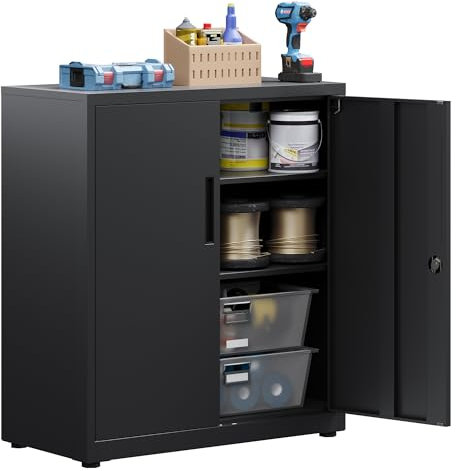 Aktenschrank, abschließbarer Garagenschrank, 3 Ebenen Büroschrank, Werkstattschrank mit verstellbaren Regalen, für Büro, Garage und Hauswirtschaftsraum, schwarz