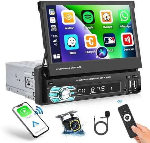 Single Din Car Stereo with Apple Carplay Wireless Android Auto, CAMECHO 7 1 Din Flip Out Touch Screen Car Radio with Bluetooth 5.1, Mirror Link/FM/SWC/USB/Type C/TF Card/AUX+Camera+Remote Control
