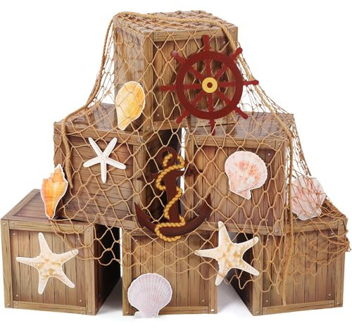 JellyArch 18 Pcs Pirate Party Decorations Imitation Wooden Box Fishing Net Car Trunk or Treat Gasparilla Style Decor Ocean or Pirate Party Favors Adventure Birthday Photo Booth Props