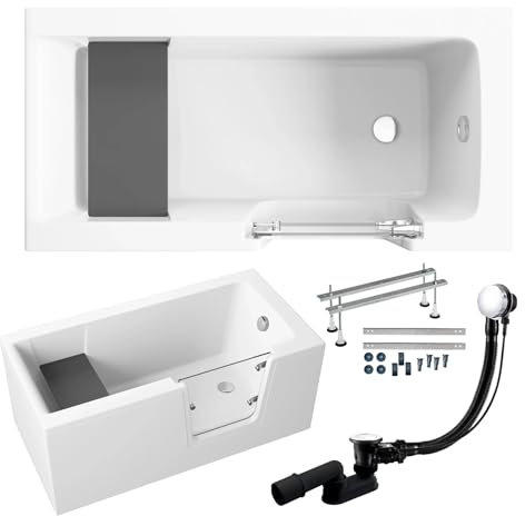 BADLAND Premium SET 6in1 Badewanne Rechteck Acryl Weiß Wanne, Seniorenbadewanne mit Glastür und Holzsitz AVO 140x70 cm, Rechts mit AcrylSchürze, Made in EU, mit Ablaufgarnitur und Füßen