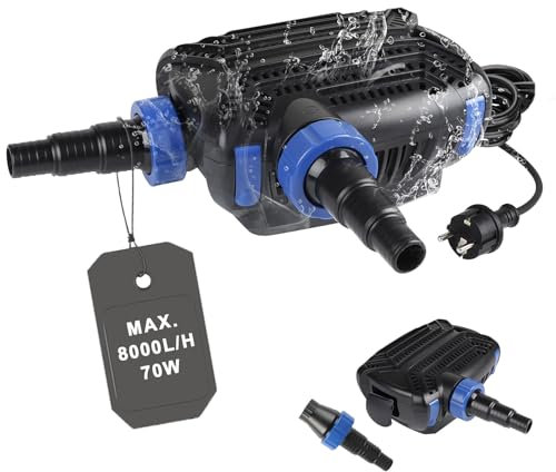 EXLECO Super ECO Pompe de Bassin 70W max. 8000L/H Pompe Fontaine Exterieur Aquarium Pompe Submersible Pomp Fontain Pomp À Eau avec Filtre & Câble 10M D'économie Pompage pour Piscine Ruisseau Bassin
