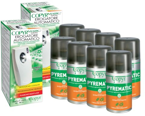 Pyrematic insetticida al Piretro pronto all'uso con Erogatore,antizanzara,mosche e insetti volanti,per alberghi,ospedali,ristoranti.Per industria alimentare.Bomboletta da 250ml X 8pezzi + 2 Erogatori