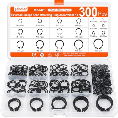 Jeboler Lot de 300 anneaux de retenue, Ø 3-28 mm, clips en C, rondelles de sécurité intérieures, anneaux de serrage, boucles divisées, rondelles pour arbres