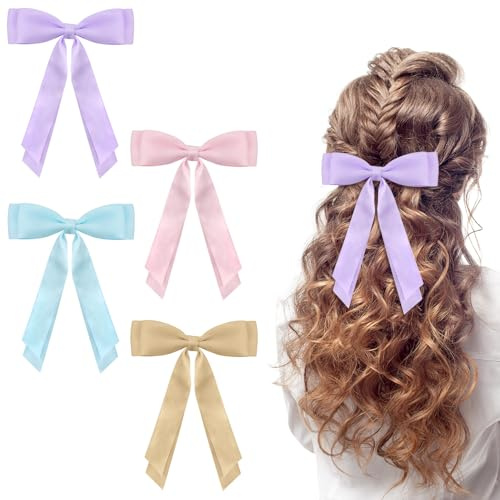 4 Haarschleifen, seidige Satinschleifen für Damen, französische Schleife, einfarbige Haarbänder, Schleifen für Damen und Mädchen (Rosa/Lila/Blau/Khaki)