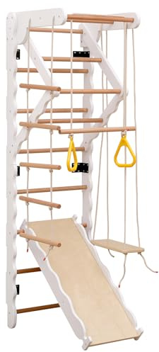 Set di giochi da arrampicata in legno 6 in 1 per bambini, palestra da interno con scivolo, altalena, scala di corda e sbarra di sicurezza, palestra da parete in legno naturale
