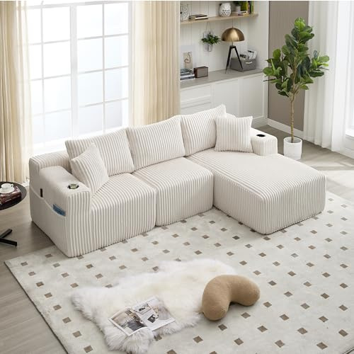 Arhatreya 3-sitsig Modern Modulär Soffa, Gästsoffa, Beige, 257 × 90–160 × 62 cm, Corduroy, Skum