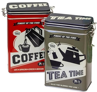 Darthome Set of 2 Retro Café Tea and Coffee Storage Tins, Metal, Red and Green Airtight Clip Clasp Canisters, W12cm x H18.5cm x D7cm