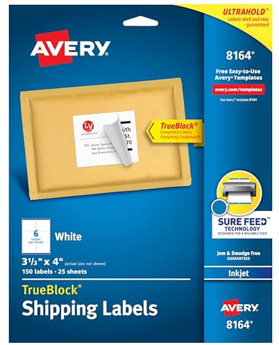 Avery Printable Shipping Labels with Sure Feed, 3-1/3 x 4, White, 150 Blank Mailing Labels (8164)