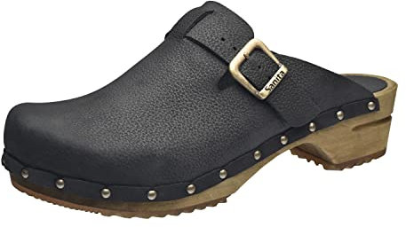 Sanita Hartwig offener Clog | Original handgemacht | Leder-Holzclogs für Männer | Schwarz | EU 44