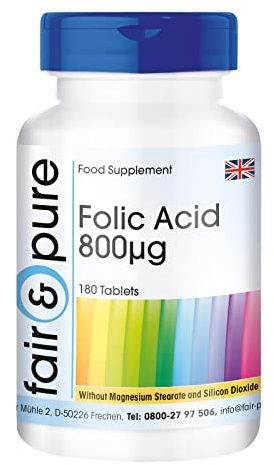 Fair & Pure Folsäure 800 µg, 180 Tabletten, schluckfreundlich, hochdosiert, Nahrungsergänzungsmittel vegan ohne Magnesiumstearat, in Deutschland hergestellt