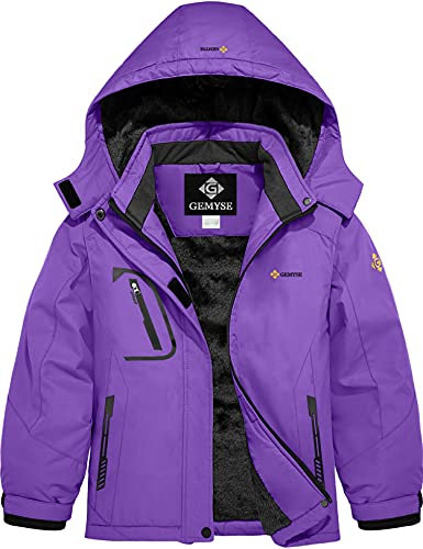 GEMYSE Mädchen Skijacke Winter Outdoor Wasserdicht Winddicht Regenjacke mit Kapuze und Fleece (Lila,140-146)