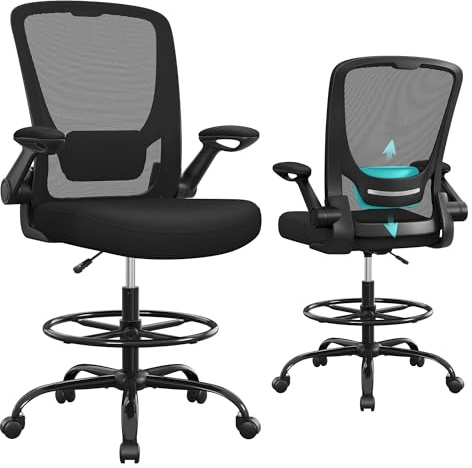 SONGMICS Drafting Chair with Flip-up Armrests, Mesh Office Chair, Ergonomic Painting Chair with Height Adjustable Lumbar Support and Footrest, for Standing Desk, Bar Counter, Black OBN026B02