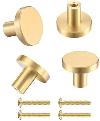 LJHOME 4 Pcs Door Knobs and Handles, Brass Round Cabinet Knobs, Single Hole Cupboard Door Handles, Small Pull Door Knobs with Screws for Drawer, Wardrobe, Cabinets, Doors, Decoration(Gold, 20 * 25mm)