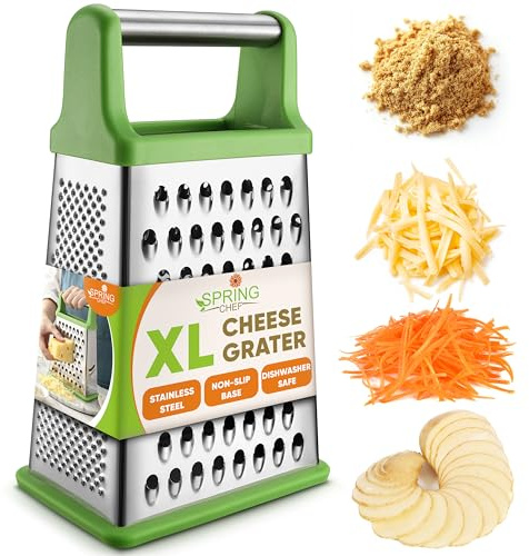 Spring Chef Green Professional Stainless Steel XL Parmesan Cheese Grater with Handle - 4 Sided Box Grater for Kitchen - Dishwasher Safe Food Shredder for Carrot, Potato, Vegetables, Ginger, Hash Brown