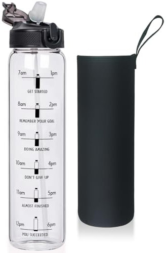 Reeho 1 Liter Borosilikat Glasflasche mit Strohhalm, 1000ml Trinkflasche Glas Wasserflasche mit Zeitmarkierungen BPA-freie, Auslaufsicher (Schwarz)