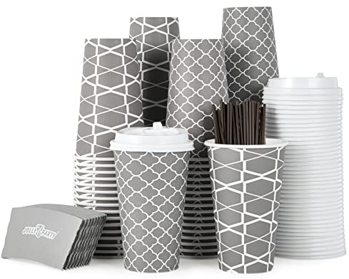 JOLLY PARTY [100 Sets] 16 oz Paper Coffee Cups, Disposable Coffee Cups with Lids, Sleeves and Straws, Hot Cold Beverage Drinking Cup for Water, Coffee or Tea, To-Go Cup Suitable for Office and Travel