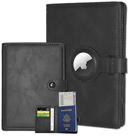 HOORINB Reisepasshülle für Damen und Herren, mit Airtag-Halter, RFID-Reisepass und Impfkartenhalter, Combo mit Kartenschlitz, Airtag-Reisepasshülle aus Leder und Flugzeugreise-Essentials, Schwarz