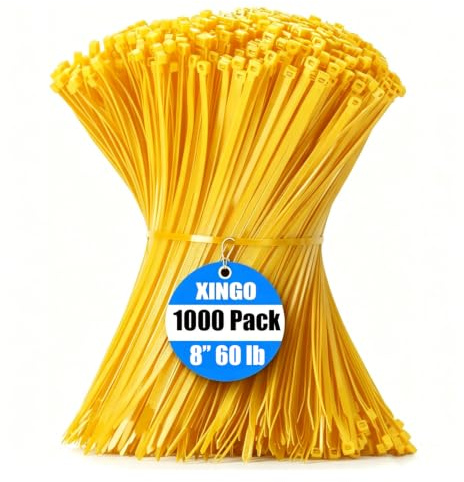 XINGO Yellow Cable Ties Pack of 1000, 200mm x 4.8mm, Premium Nylon Durable Zip Ties, Self-Locking UV Resistant Nylon Plastic Wire Ties for Indoor and Outdoor